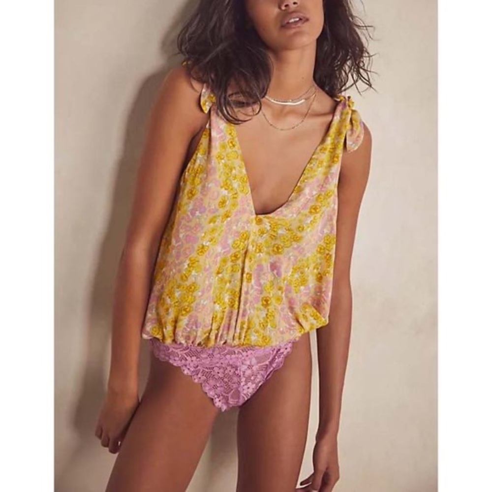 NWT Free People Floral Lace Bodysuit - Yellow and Purple